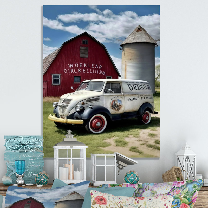 Camion à lait à la grange - photographie sur toile, H 20 po x l 12 po x P 1 po, Toile tendue