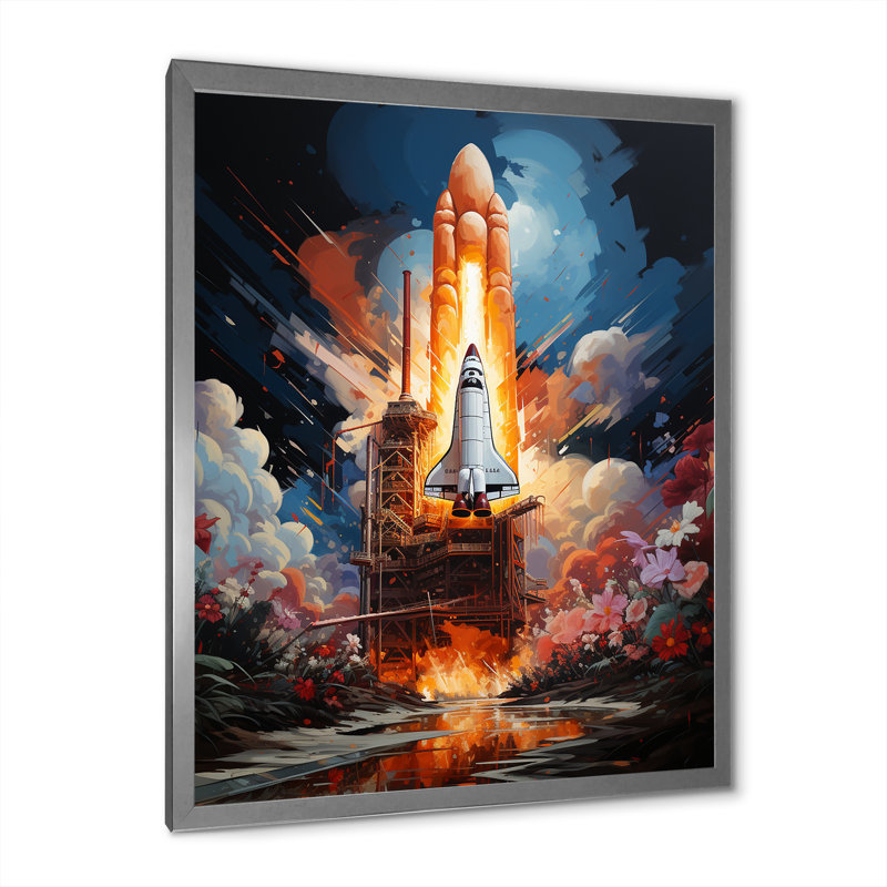 Art mural sur toile Rocketship Cosmic Ascent II - Rocketship, Cadre photo argenté, H 40 po x l 30 po x P 1,5 po