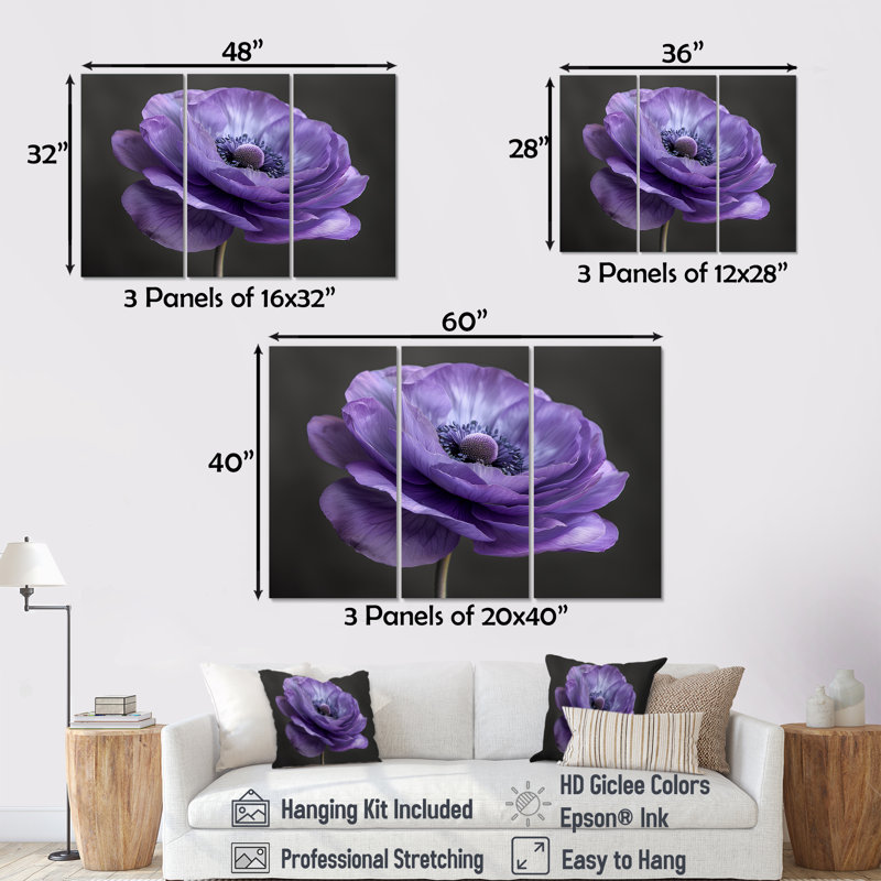 Black And Purple Ranunculus Nature Nuance II - Ranunculus Wall Decor Set, 28" H x 36" W x 1" D, Wrapped Canvas