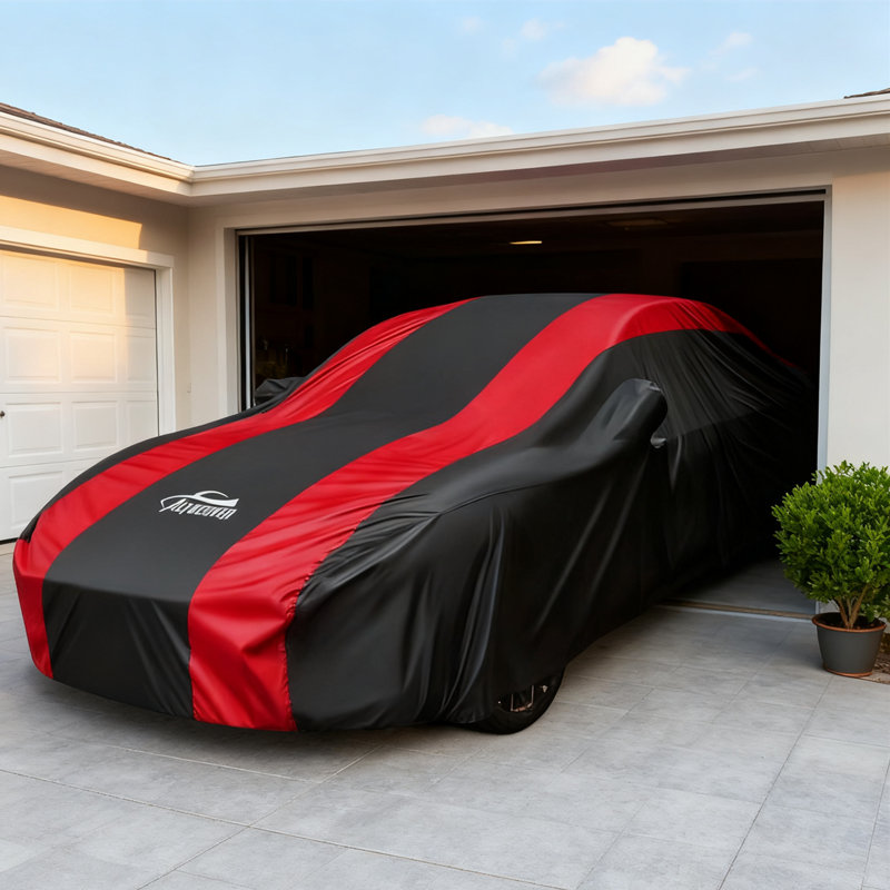 Waterproof All-Weather Car Cover With Red Racing Stripes, Universal Fit For Ford Mustang Tesla Model 3 Honda Accord Toyota Camry, Outdoor Windproof Car Protector