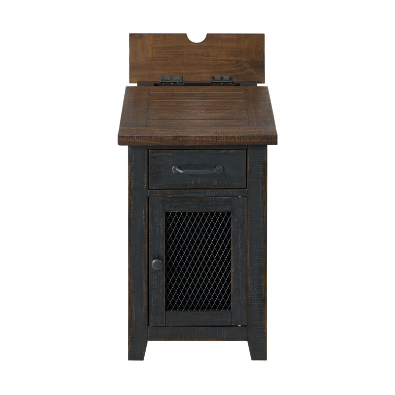 Table de bout en bois massif avec rangement Jakoutra et prises intégrées, Plateau noir / structure noire