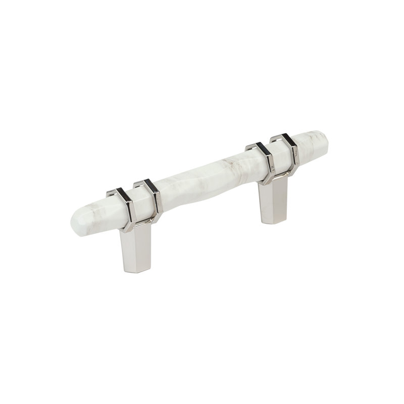 Marble White and Polished Nickel 3" Modern Bar Pull