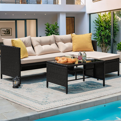 3-piece Outdoor Rattan Sectional Sofa Set Patio Wicker Rattan Conversation Furniture Set, Steel Frame & Seat Cushion, Perfect for Garden Lawn Pool Bac by Ebern Designs