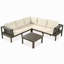 Ensemble de 4 canapés d'extérieur en bois d'acacia, accoudoirs en filet tissé, ensemble de canapé de patio en forme de L avec table basse, ensemble de conversation d'extérieur avec coussins beiges et table d'appoint