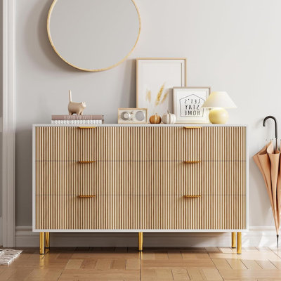 Commode 6 tiroirs pour chambre à coucher, avec poignées en métal doré