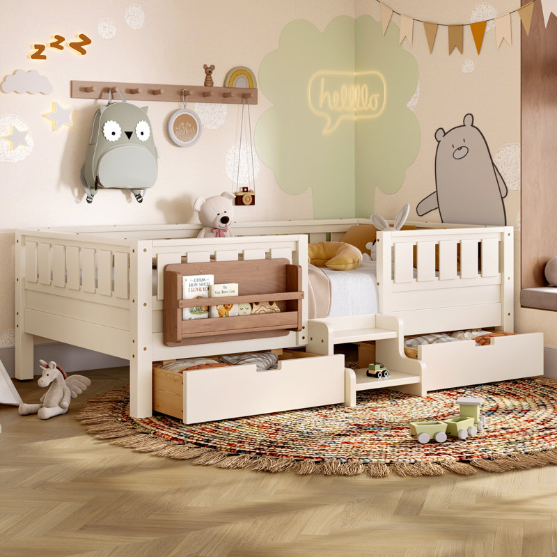 Twin with built-in bookshelves and storage drawers, Safety Staircase design and high-quality safety rails,Beige, Beige, Twin