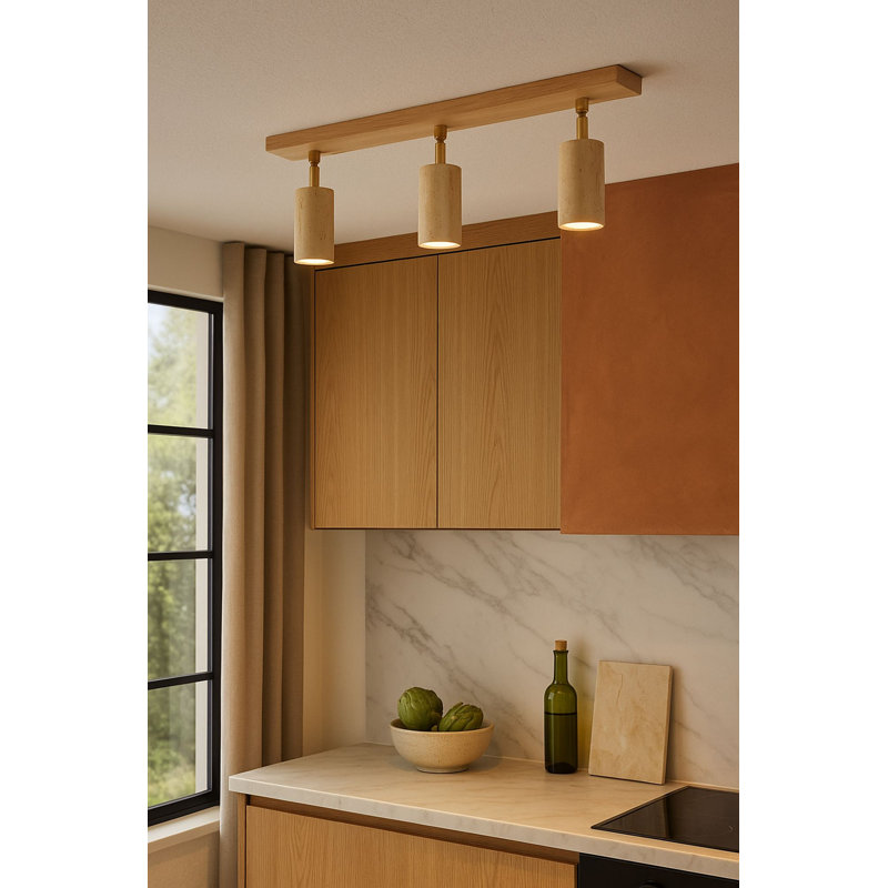 Elegant Wood Veneer Chandelier with Metal Body, Beige & Oak Finish, Adjustable Height 8.7 - 8.7 inches | Ø2.6 x 7.1 inches Cap, Base Plate 23.6 x 2.4 x 1.6 inches | Perfect for Living Room & Dining Area, Bulb Not Included