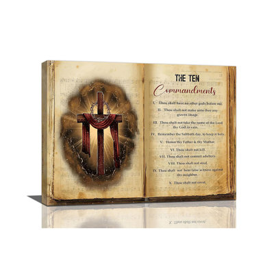 The Ten Commandments Cross Decor Wall Art 10 Commandments Bible Verse Christian Religion Scripture Pictures Wall Decor Canvas Painting Prints Artwork Framed for Church Bedroom Bathroom Kitchen 24"x16"