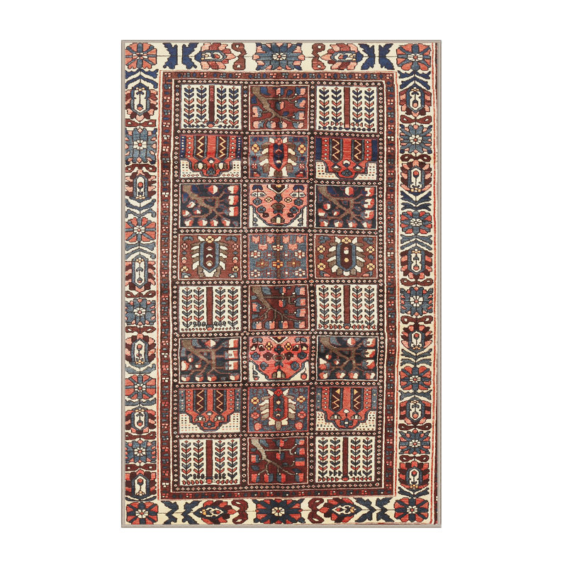 Tapis beige/brun/bleu traditionnel Rukunayake, Rectangle 5 pi x 7 pi