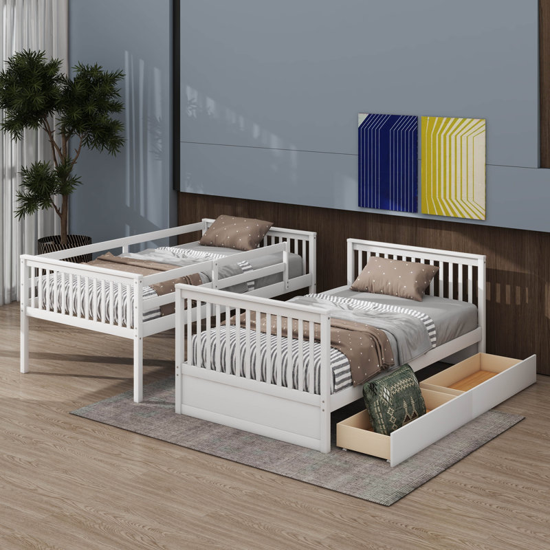 Bunk Beds With 2 Storage Drawers, Solid Wood Bunk Bed With Ladder And Safety Guardrail, Convertible Bunk Beds, Twin Over Twin