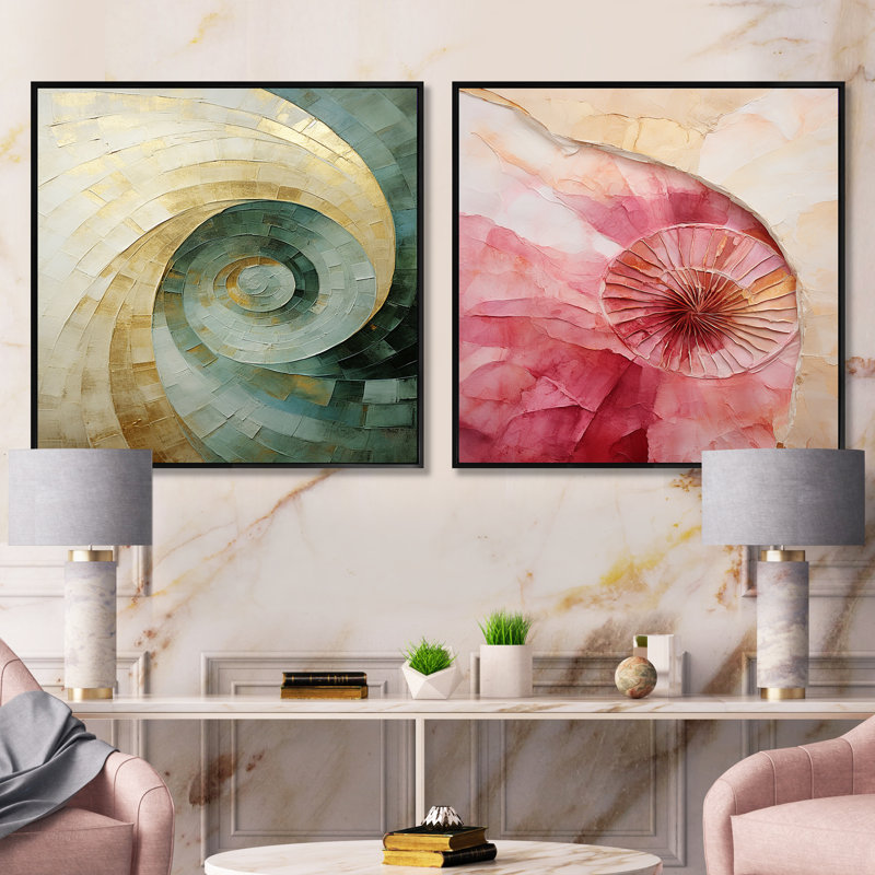 Minimalisme rose et vert en spirale - ensemble de 2 collages carrés en spirale abstraite, Cadre flottant noir