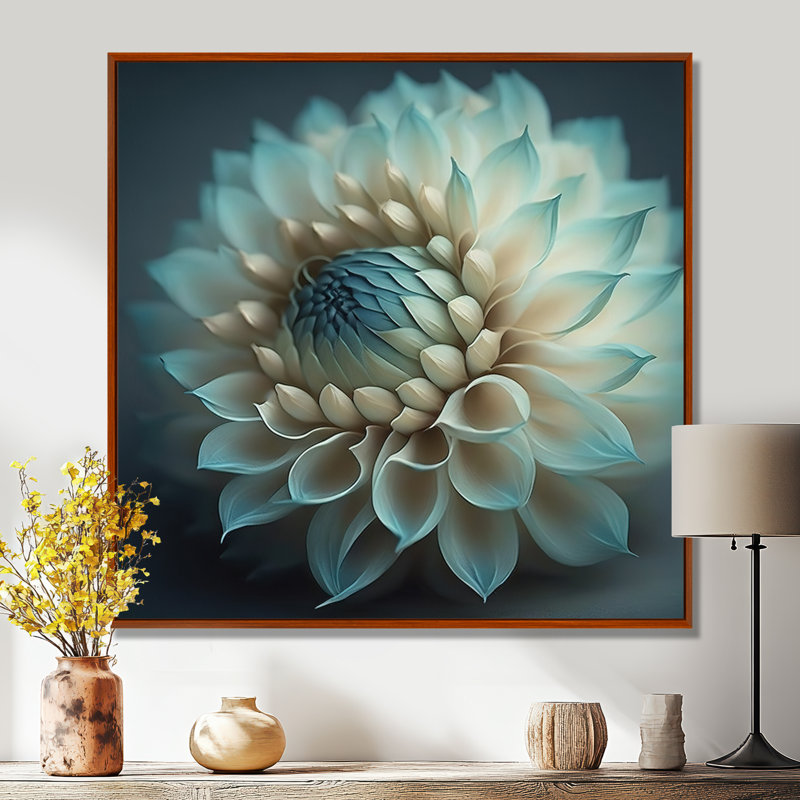 Décoration murale bleue et blanche Dahlia IV - Dahlia, H 30 po x l 30 po, Cadre flottant brun