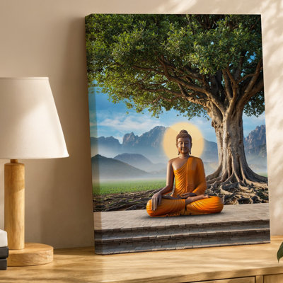 Toile, scène sereine représentant une statue de Bouddha assis dans un art mural, pose méditative ornée de robes orange fluides
