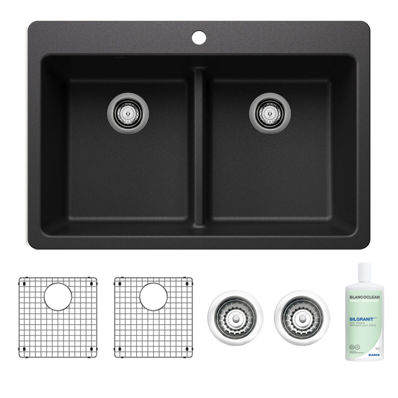 BLANCO 33" 50/50 Double Bowl Drop-In/Undermount Silgranit Kitchen Sink With Cleaner, Sink Grids And Basket Strainers In White