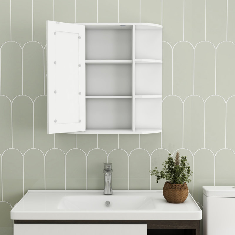 Wall Mounted Bathroom Shelf Cabinet With Mirror - 6 Open, 3 Adjustable, White Open Shelves, Coated