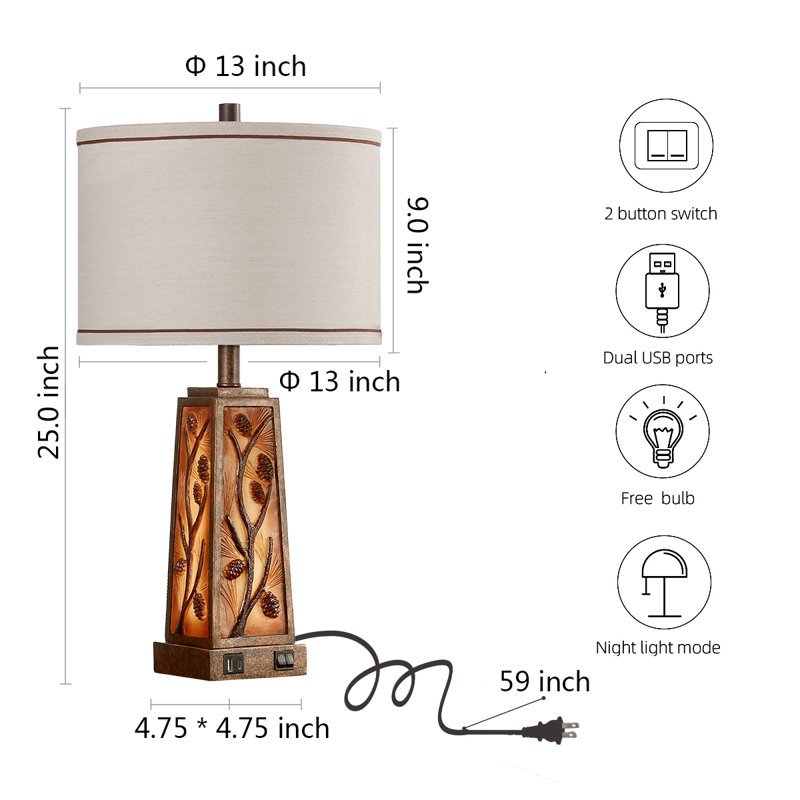 Ensemble de lampe de table en résine 25 po avec veilleuse et ports USB Louann