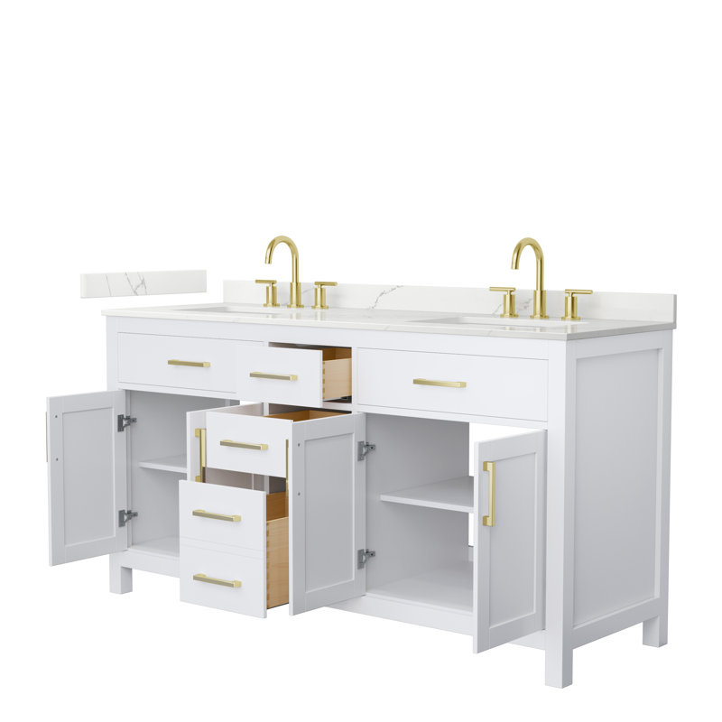Beckett 66" Freestanding Double Bathroom Vanity with Quartz Top, White, Brushed Gold, Giotto Quartz