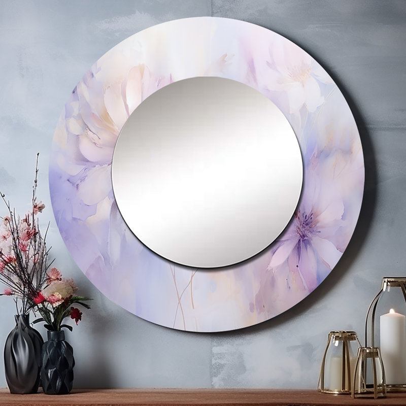 Quatina Purple Botanical Whispers II - Botanicals Wall Mirror, Modern Round Decorative Mirror, Printed Metal Art, 23" x 23"