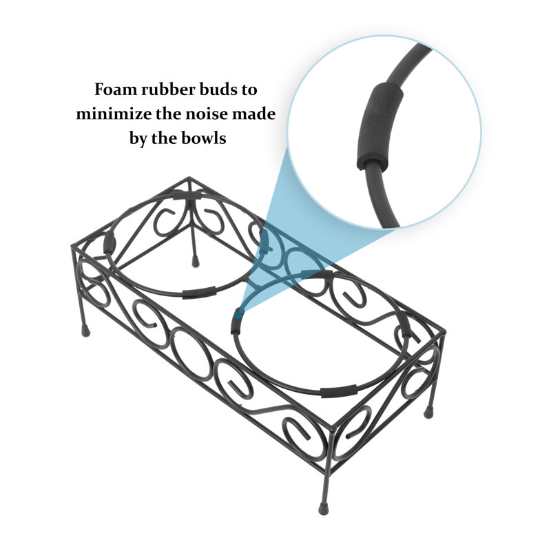 Elevated Black Wrought Iron Double Diner with Stainless Steel Bowls