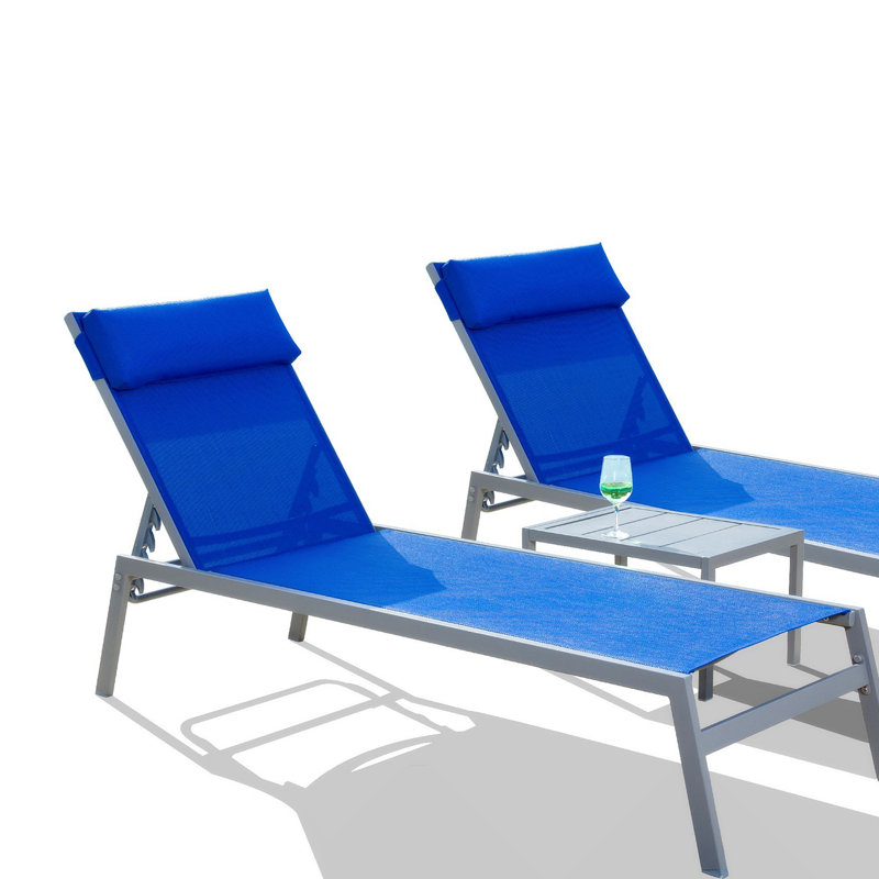 Tenesha Outdoor Metal Chaise Lounge Set with Table, Blue