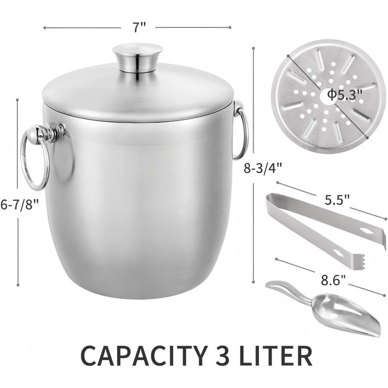 Seau à glace avec couvercle, pelle, pince et passoire - Acier inoxydable isolé de qualité, 3 litres