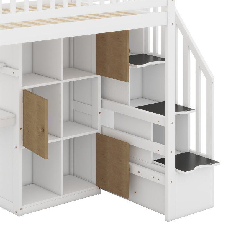 Wood Loft Bed With Built-In Desk, LED, Storage Shelves, Cabinets And Staircase, White