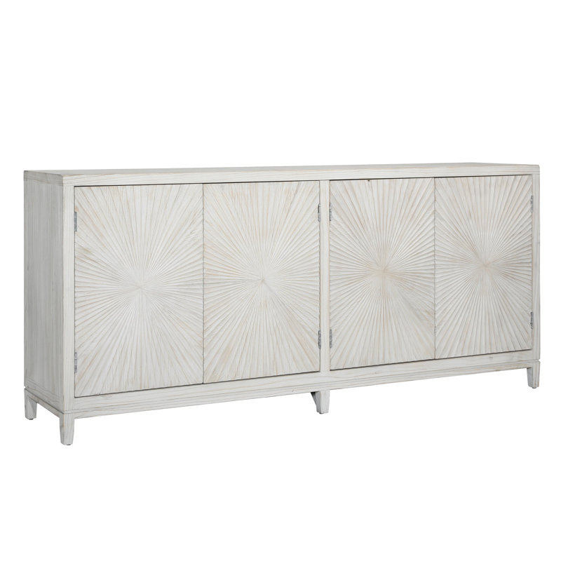 Zaen 79-inch Pine Light Wash 4-Door Sideboard with Hand Carved Burst Pattern Door Fronts