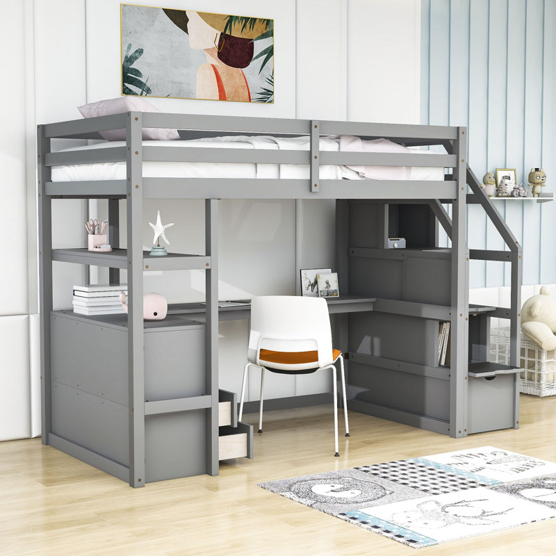 Kids Loft Bed with Drawers, Gray, Twin