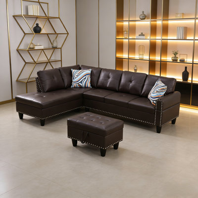 Ensemble de canapé en forme de L 3 pièces avec table rabattable et repose-pieds de rangement, disponible en tissu ou similicuir