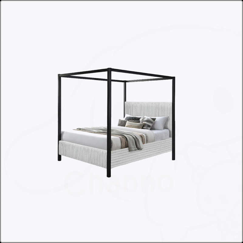 Très grand lit à baldaquin moderne avec tête de lit tapissier, canalisation verticale douce et mobilier de chambre élégant en gris clair