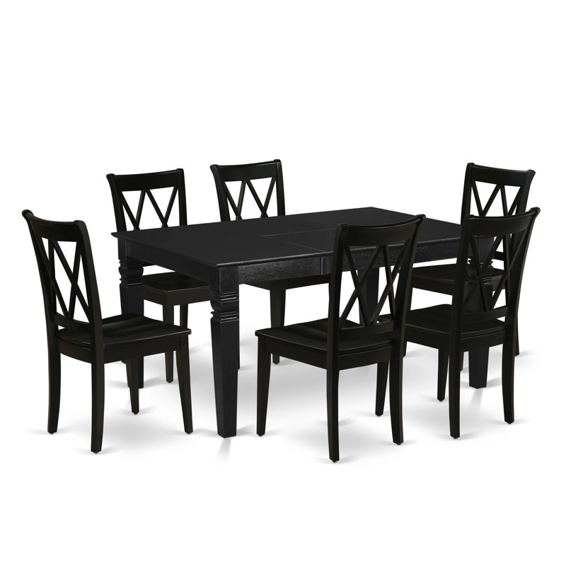 Ensemble table et chaises de cuisine 7 pièces comprenant une table de salle à manger rectangulaire avec rallonge papillon et 6 chaises, 107 x 152 cm, noir