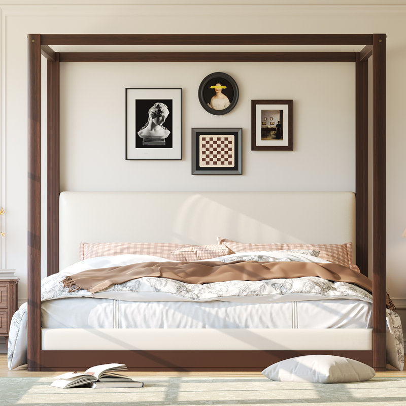 Lit plateforme à baldaquin en bois avec tête de lit, structure et tissu en tissu pour un confort élégant, King, Espresso