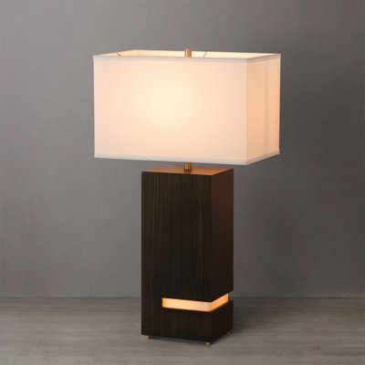 Standing Table Lamp with Night Light, White Linen Shade, Gilded Ebony Wood & Weathered Brass Accent, Modern Bedroom & Living Room Floor Accent Lamp
