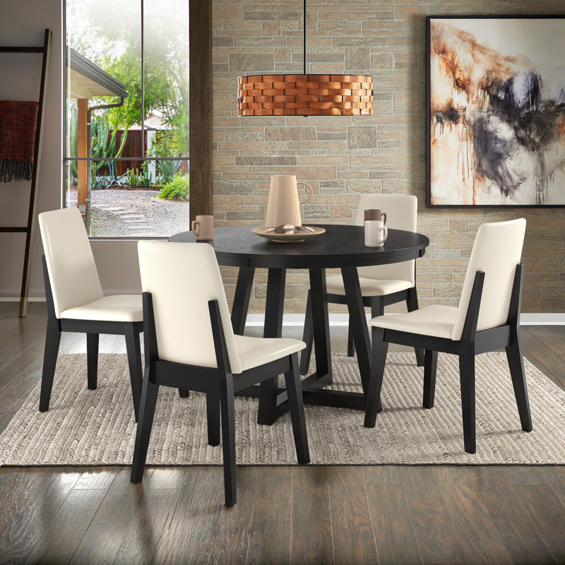 Cipolla 47" Wood Finish Fixed Top Round Dining Set - 5-Piece, Dining Table, White Faux Leather Dining Chairs, Black