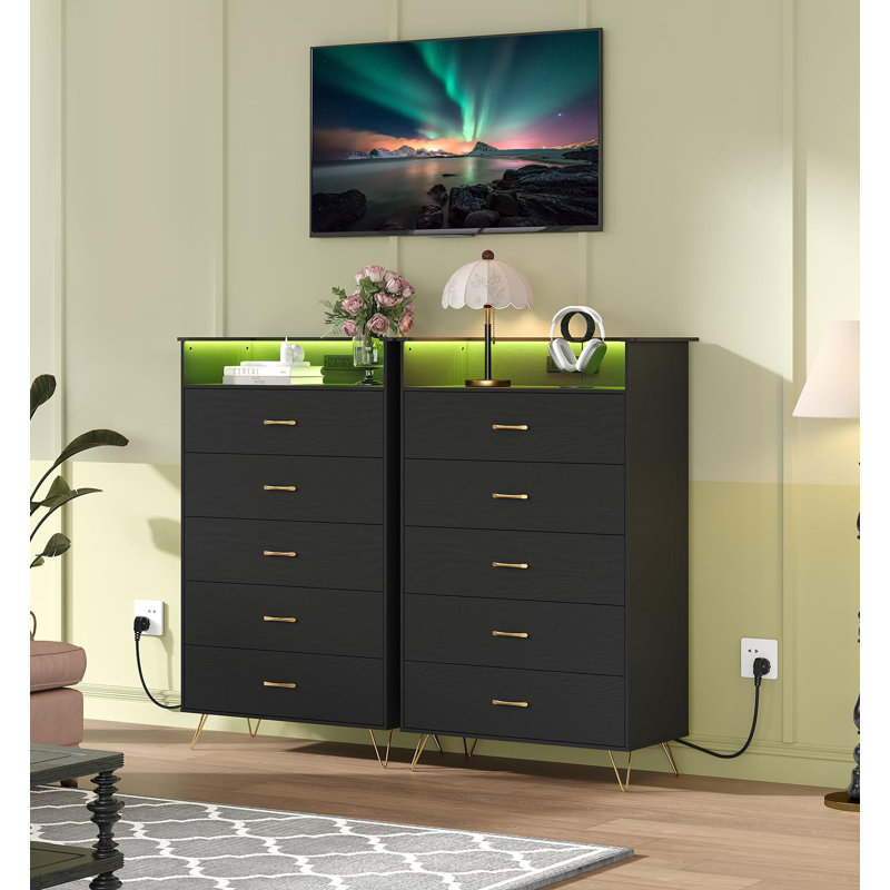 5-Drawer Wooden Dresser with RGB Lights & Charging Station, App Controlled Music Sync LED Chest, Large Storage Organizer for Bedroom, Closet and Living Room