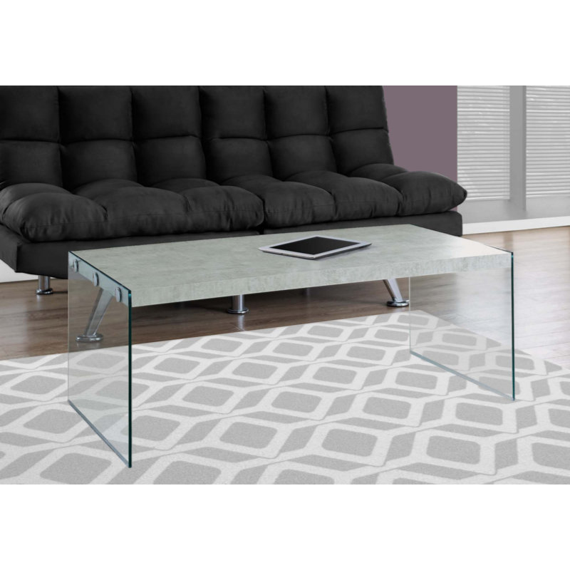 Hulo Coffee Table, Clear Glass Side Panels, 44 Inch Grey Wood Top, Grey