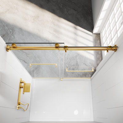 62"–66" W X 76" H Sliding Frameless Shower Door 3/8" (10mm) Thick Tempered Glass Stainless Steel Hardware Brushed Gold