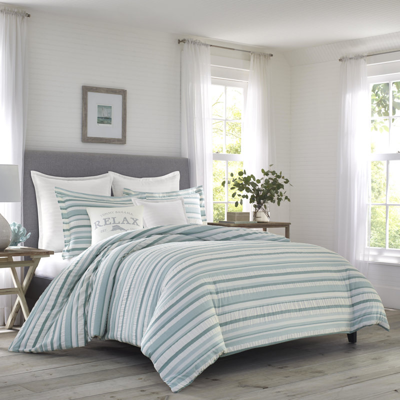 Tommy Bahama Clearwater Cay Blue Seersucker Cotton Duvet Cover Set, King Duvet Cover + 2 Shams