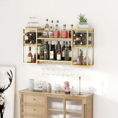 Support à vin mural, tablettes de bar multifonctionnelles pour porte-bouteilles avec porte-verres, tablettes de bar modernes en métal pour bar personnel, cuisine (doré, L 47,3 po x l 9,9 po x H 23,6 po)