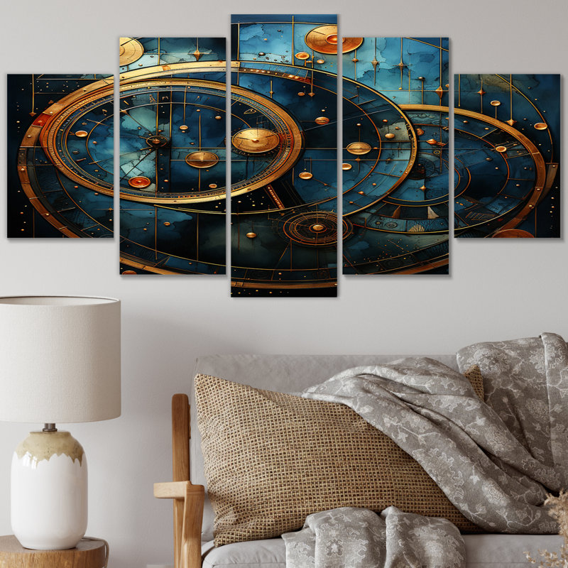  «Visionary Geometric In Teal and Gold III - Modern Geometric Canvas Art Print - 5 Panels