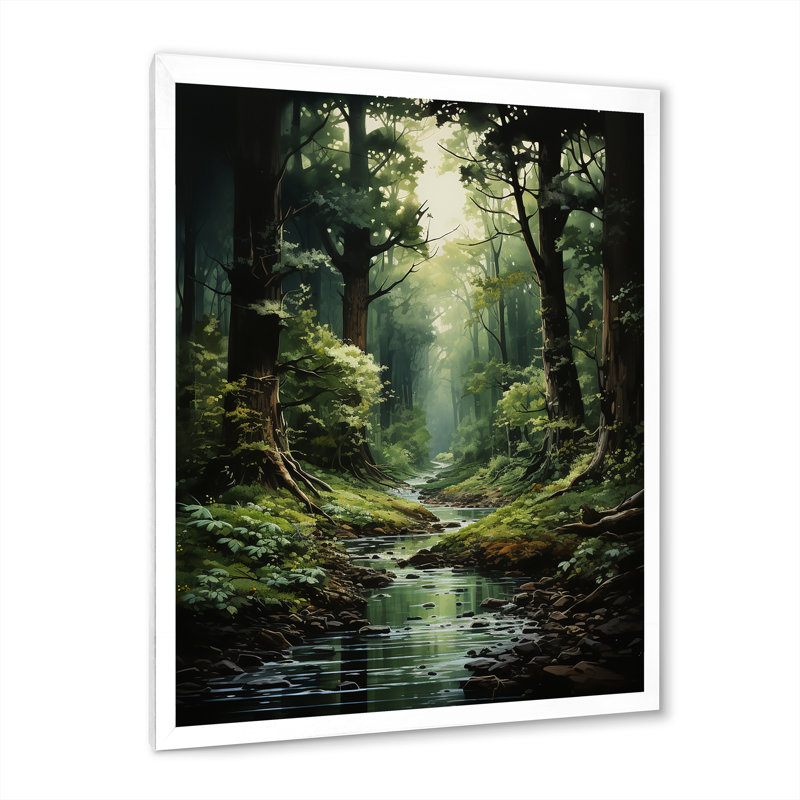 Rivière dans un bois enchanté I - forêt, art mural, H 32 po x l 24 po x P 1 po, Cadre simple blanc