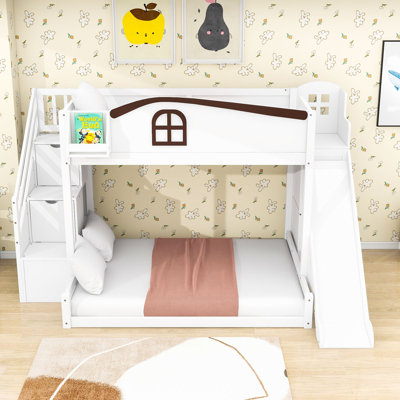 Twin over Full Wooden Bunk Bed with Wardrobe, Slide and Shelves