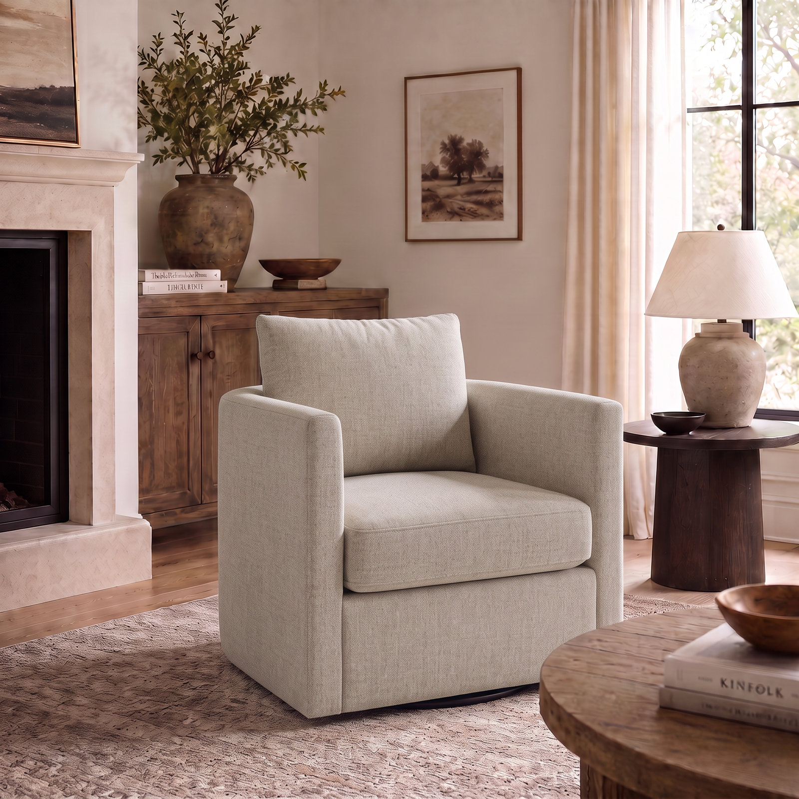Carmella Upholstered Swivel Barrel Chair, Monique Twine Textured Chenille