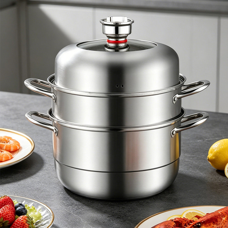 3-Tier Stainless Steel Steamer Pot with Mechanical Timer Lid, 11-Inch Steamer Cookware Set with 2 Steamer Trays for Dumplings and Seafood