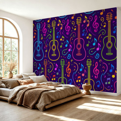 Papier peint adhésif à peler et coller Élégant dessin au trait coloré Guitare notes de musique sans soudure Conception autocollante amovible Papier contact mural Décoration pour le salon Chambre à coucher H 69 po x l 96 po
