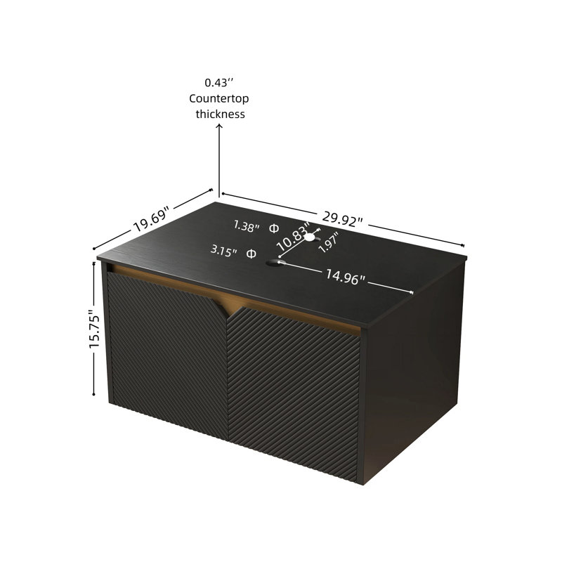 RUBEN 30" Wall-Mounted Black Plywood Cabinet And Black Sintered Stone Countertop, NO Basin, NO Faucet And Sink Cover, 30"
