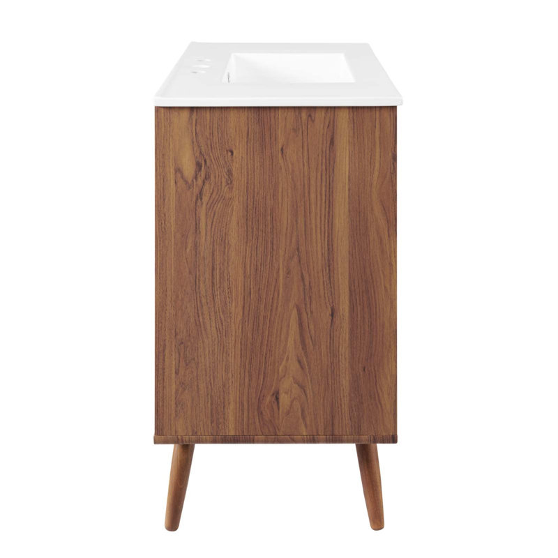 Mid-Century Walnut and White 36" Wall-Mount Bathroom Vanity