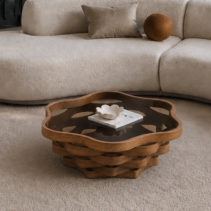 Table basse 35,83 "unique en forme de nuage irrégulier avec plateau en verre trempé, table de cocktail artistique moderne en panneau de fibres à densité moyenne pour salon et appartement