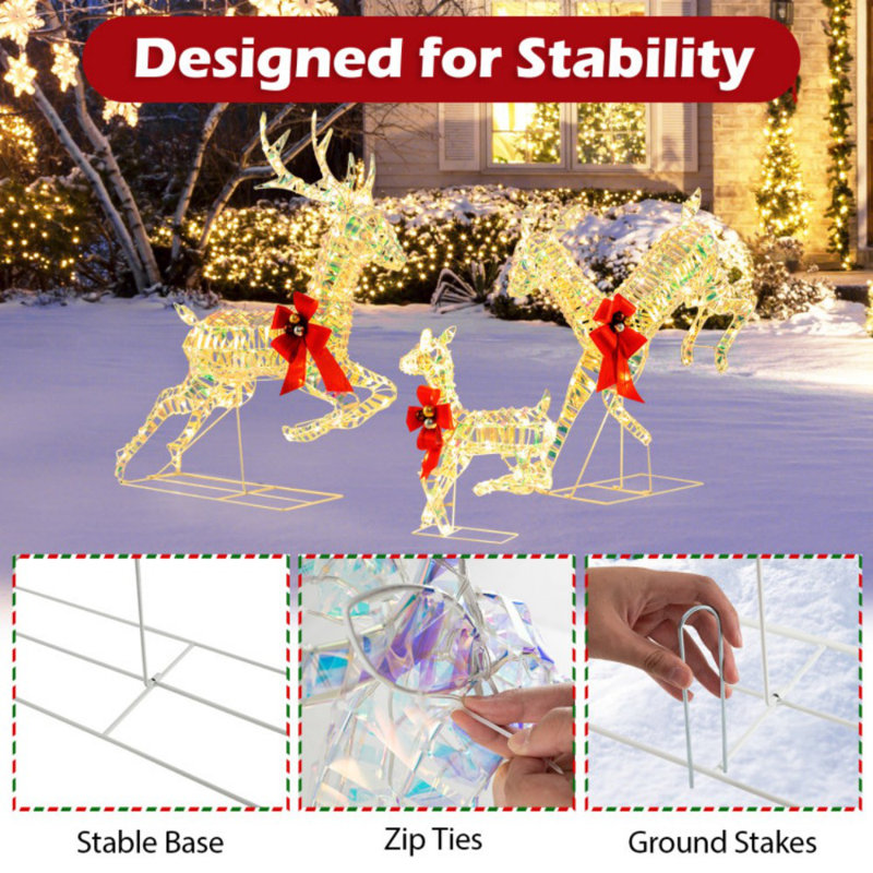 Warm White LED Lighted Reindeer Family Set with Red Bows