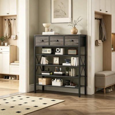 Range-chaussures à 5 niveaux avec 3 tiroirs, range-chaussures en métal pour 20 paires, tablettes de rangement avec plateau en bois, pour vestibule, couloir, vestibule, placard, gris anthracite et noir